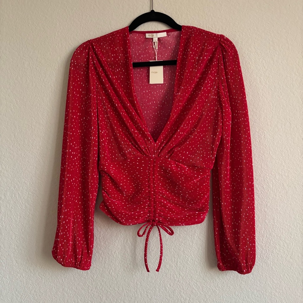 New Maje Red rouge Ruched cropped polka dot Blouse size 1 small top women’s - Picture 4 of 14